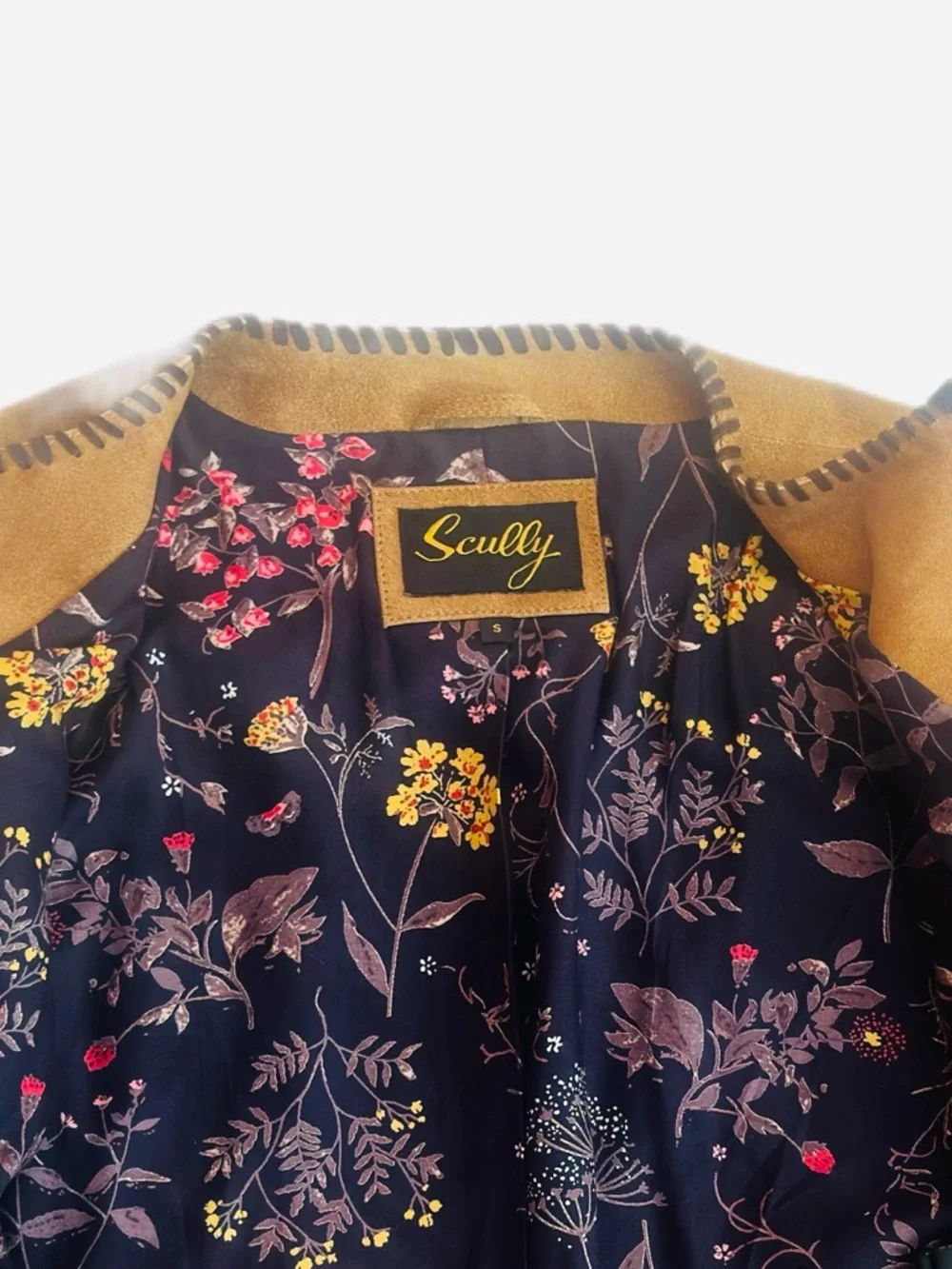 SCULLY ~ Tan Suede Fringe Short Jacket Dark Brown Leather Stitch Gold Accents